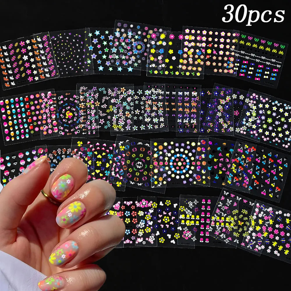 3D Colorful Flowers Cherry Blossoms Rose Daisy Nail Decals 20/30/60/70/90pcs Cute Heart Nail Sticker Manicure Decoration 5.5*6cm
