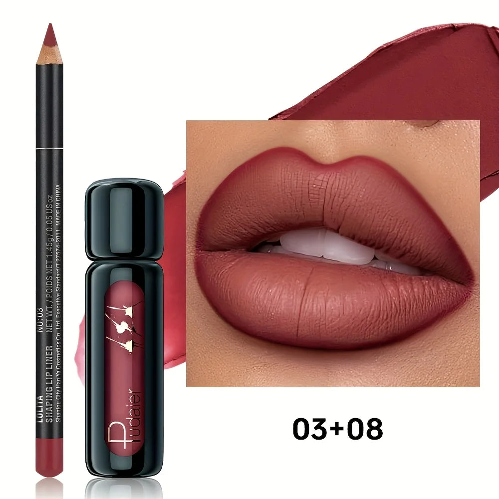 Lip Liner and Lip Mud Combo, Matte Waterproof Long Lasting Velvet Lip Makeup Set, Perfect Gift for Daily & Holiday Look