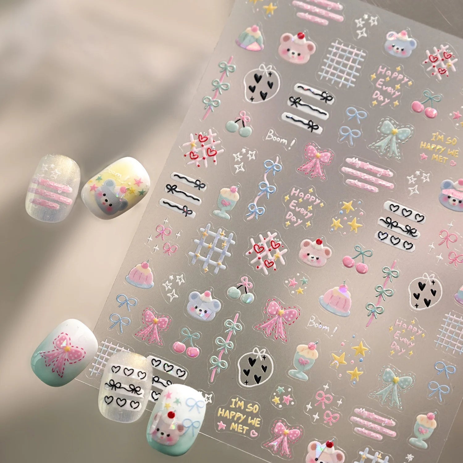 5D Pink Blue Bear Dessert Cake Pudding Candy Cane Heart English Slogan Nail Art Stickers Cute Baby Bear Party Embossed Decals