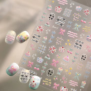 5D Pink Blue Bear Dessert Cake Pudding Candy Cane Heart English Slogan Nail Art Stickers Cute Baby Bear Party Embossed Decals
