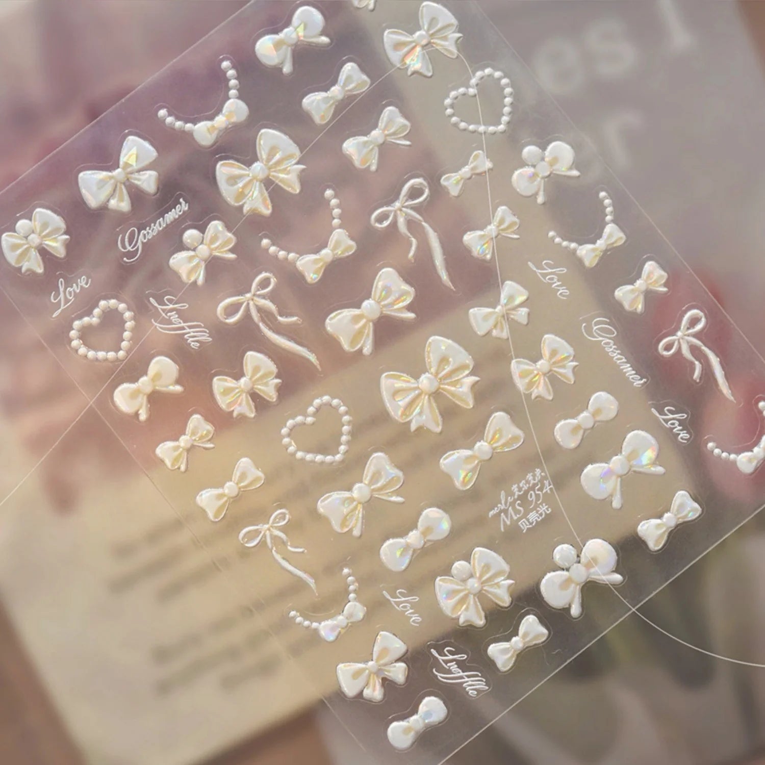 White Pearl Bow French Polka Dot Bow Pearl Heart Pearl Chain 5D Nail Stickers Self-Adhesive Nail Decal Manicure Decor for Women