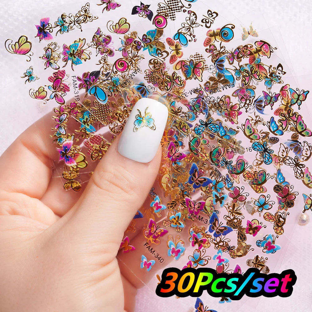 30Pcs/set Colorful Butterfly/Flowers Nail Stickers Kawaii Cute Mini Rose/Lavender/Sunflower Nail Decal DIY Adhesive Nail Floret