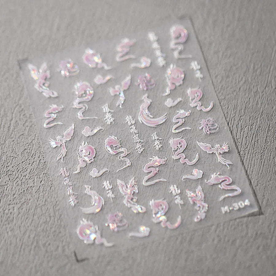 5D Kawaii Ink Wash Fairy Fox Dragon Loong Nail Art Stickers Cartoon Star Animals Backglue Nail Decoration Decals Accessories