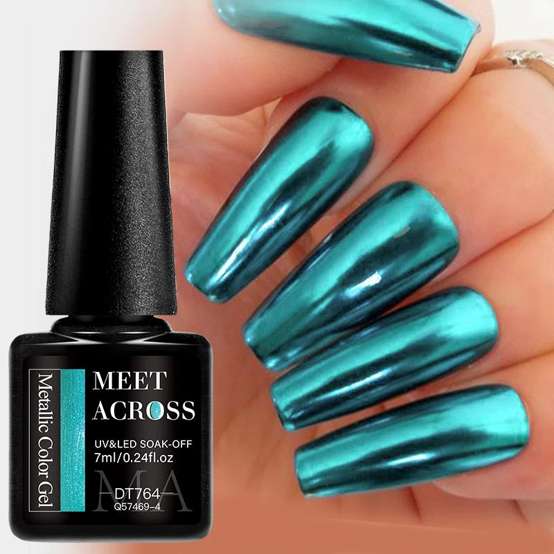 MEET ACROSS 7ml Red Blue Green Metallic Gel Nail Polish Super Bright Mirror Effect Semi Permanent LED UV Gel Nail Art Varnish