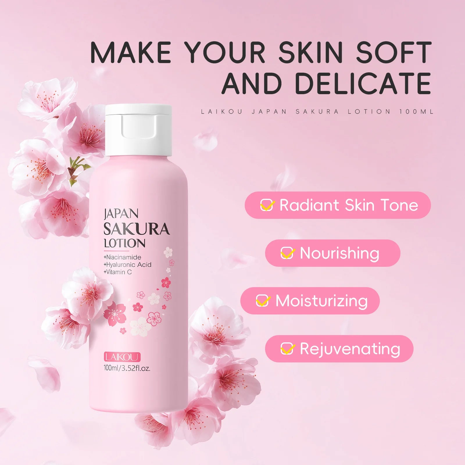 LAIKOU Japan Sakura Lotion 100ml Niacinamide Hyaluronic Acid Vitamin C Hydrating Brightening Moisturizing Face Skin Care