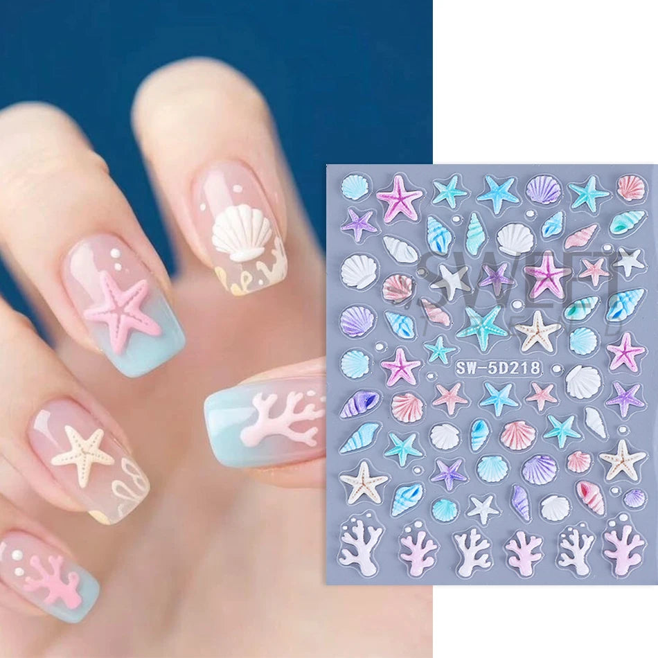 2pcs Ocean Animals Nail Art Stickers 5D Embossed Starfish Seashell Conch Coral Nail Decals DIY Summer Manicure Decoration Slider