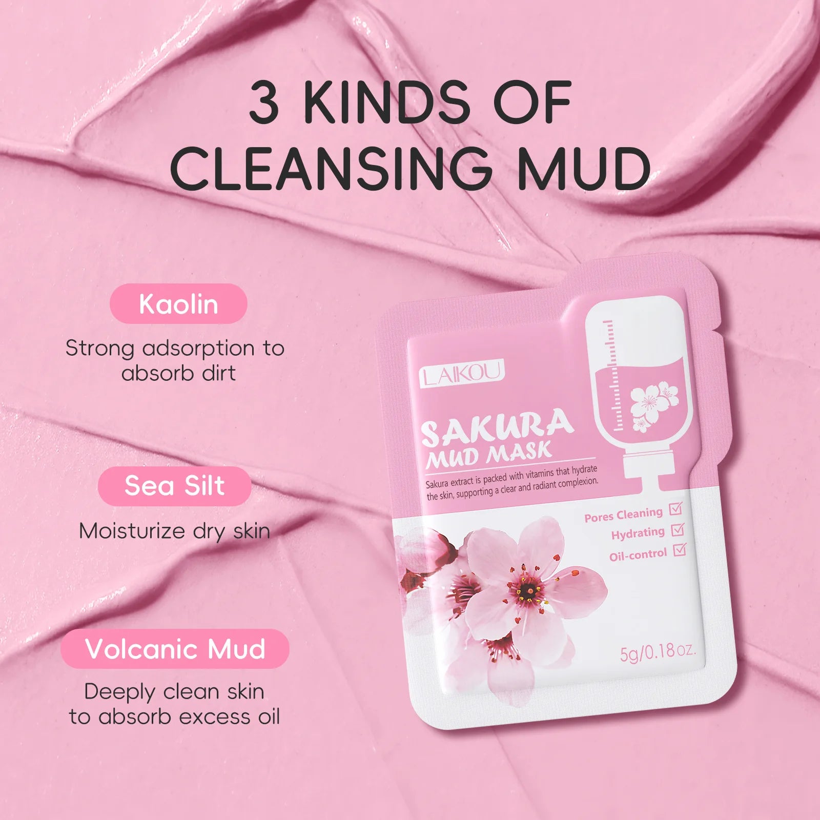 Laikou Sakura Clay Mask Trial Size Hydrating Deep Cleansing Pore Minimizing Brightening Face Mask Skin Care Product Mud Mask 5g
