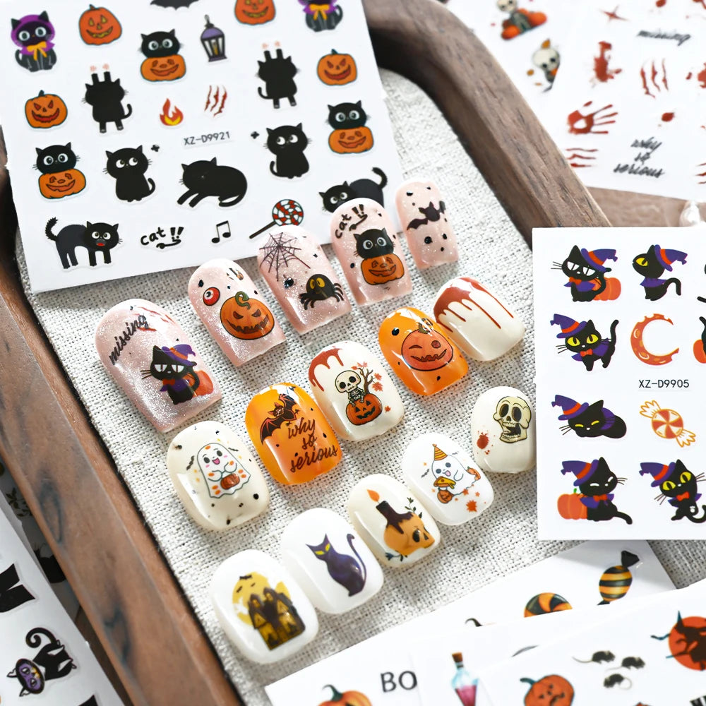 30Pcs 3D Halloween Cartoon Ghost Spider Bat Pumpkin Nail Stickers Mixed Punk Black Halloween Nail Decal 5x6cm Manicure Slider &*