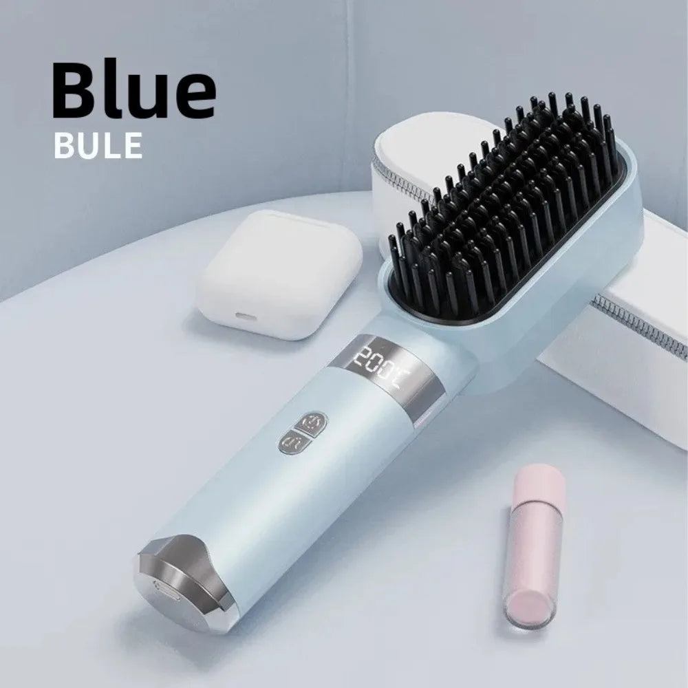 Wireless Hair Straightener Comb, LCD Display 140-200℃ 3 Temp Control, Rechargeable Portable Travel Hair Styling Brush
