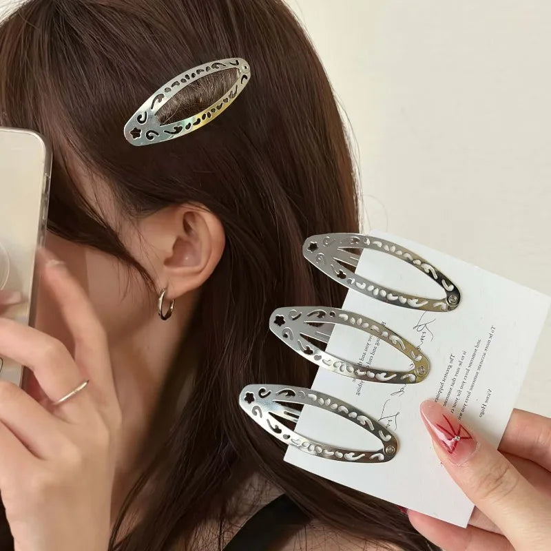 Vintage Hollowed Out Pattern Hair Clips Y2K Geometric Silver Oval Snap Hairclips Punk Metal Side Hairpin Korean Hair Accessories
