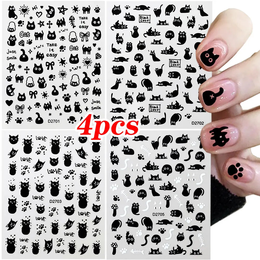 4pcs/set 3D Cute Cartoon Black Cat Nail Stickers Funny Cat Paw/Bowtie Self-Adhesive Nail Art Decals Manicure Accessories DIY 8*1