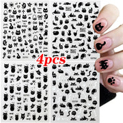 4pcs/set 3D Cute Cartoon Black Cat Nail Stickers Funny Cat Paw/Bowtie Self-Adhesive Nail Art Decals Manicure Accessories DIY 8*1