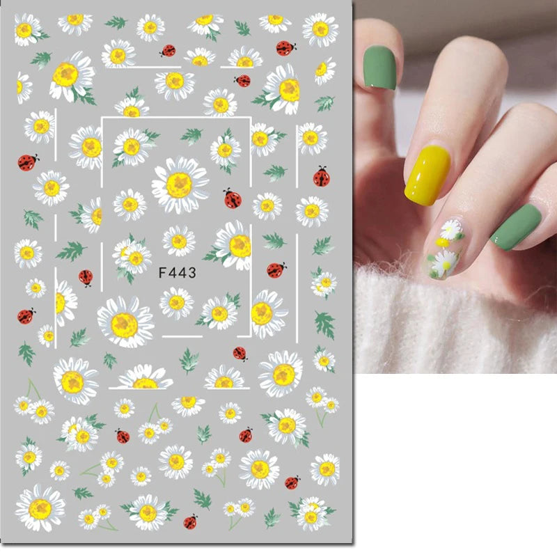 3d Nail Art Decals Geometric Lines Daisy Sunflowers Letters Adhesive Sliders Nail Stickers Decoration For Manicure