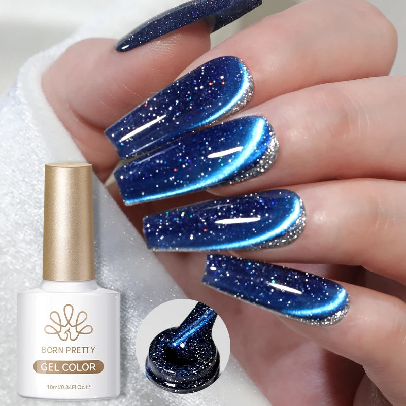 BORN PRETTY 1 Bottle 10ml Blue Reflective Glitter Cat Magnetic Gel Polish Ultra Shine Soak Off UV Nail Art Varnish Manicure