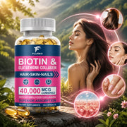 Biotin 40000mcg Combined Capsules, with Collagen & Glutathione, Promotes Hair, Skin, Nail Health & Natural Beauty Vitality