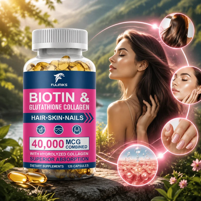 Biotin 40000mcg Combined Capsules, with Collagen & Glutathione, Promotes Hair, Skin, Nail Health & Natural Beauty Vitality