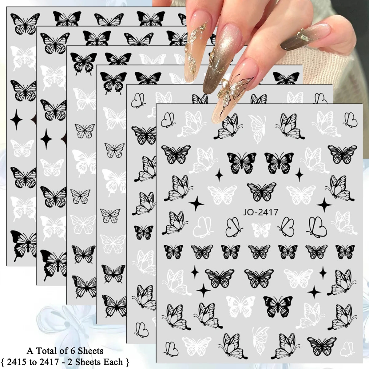 3/6/12 Sheets 3D Black White Butterfly Nail Stickers Self Adhesive Gothic French DIY Manicure Nail Decals