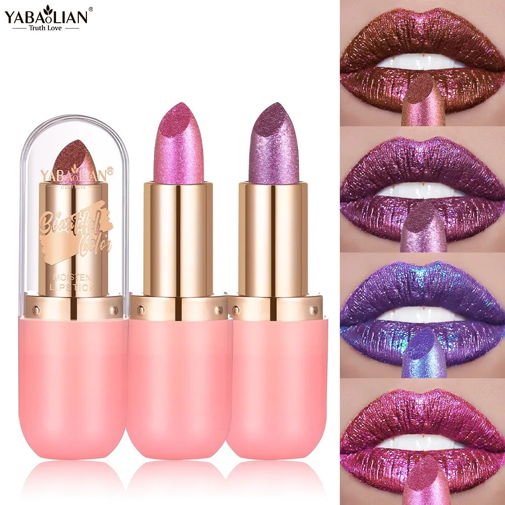 7-Color Aurora Chameleon Metallic Lip Stick High Shine Long-Lasting Diamond Blue Purple Lip Gloss for Halloween & Stage Makeup