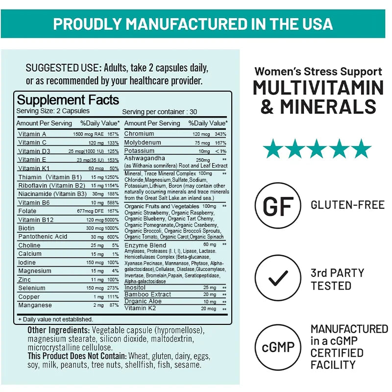 Multivitamin for Women, Organic Whole Foods & Natural Minerals - B-Complex Vitamin C D3 K2 for Stress Immunity Hair Skin & Nails