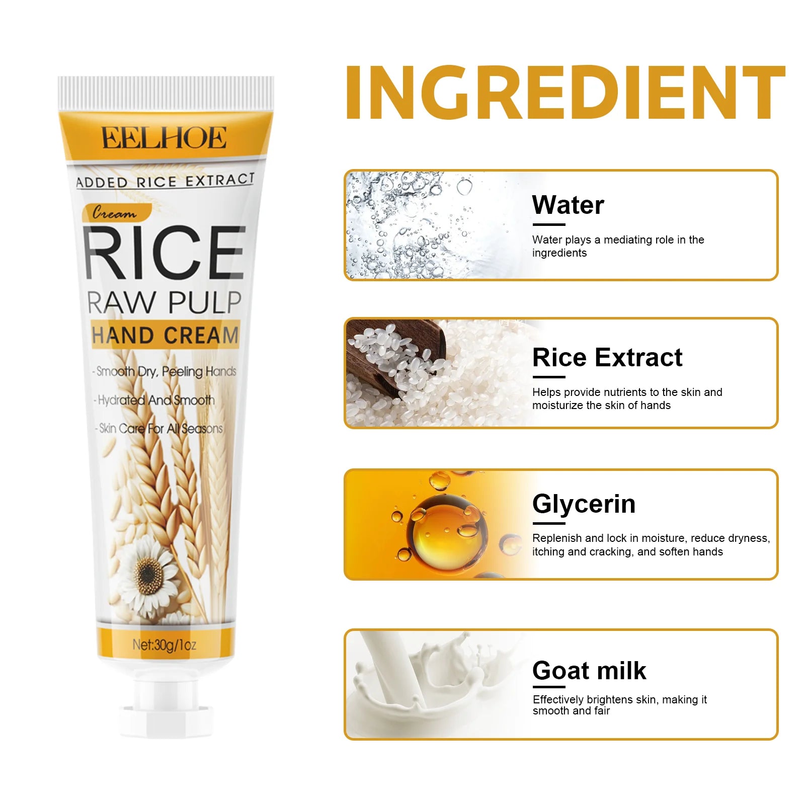 EELHOE Rice Extract Moisturizing Hand Cream for Dry Rough Hands  Brightening Skin Nourishing Itch Relief Gentle Care Hydration