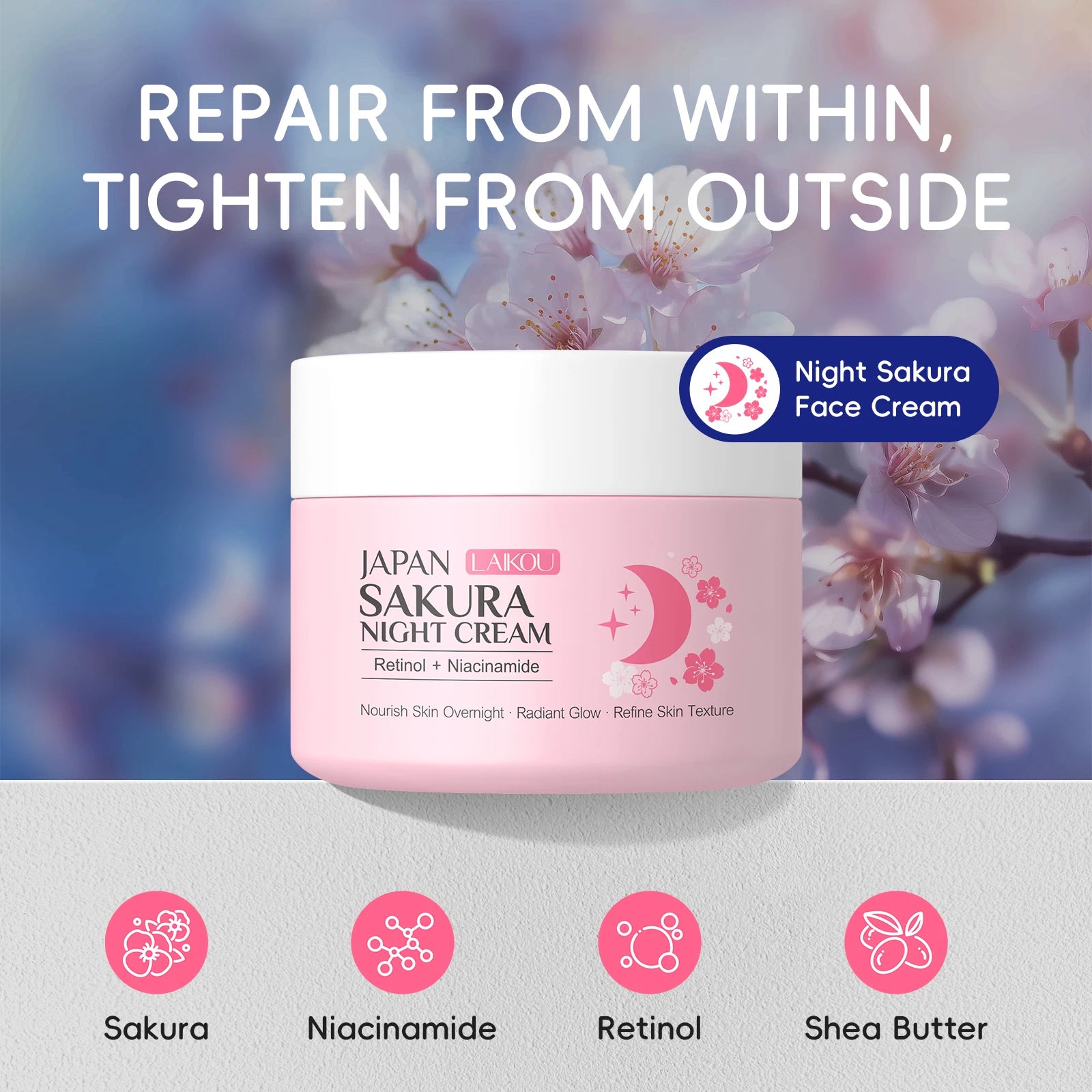 LAIKOU Sakura Day Night Face Cream Nourishing & Brightening Moisturizer Anti-aging Smooth Skin 30g