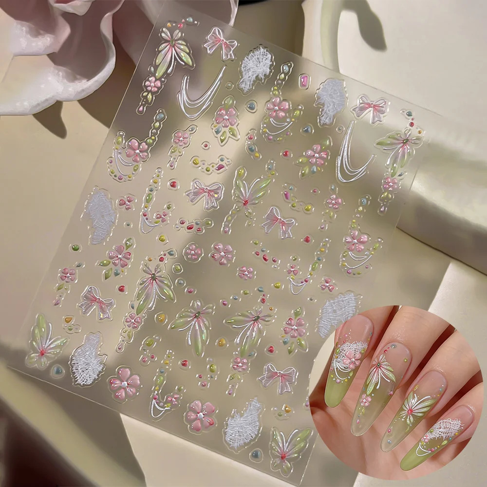 5D Pink Blue Floral Nail Art Stickers Petals Leaf Plant Embossed Nail Decals Spring Summer Flower Design for DIY Nail Supplies