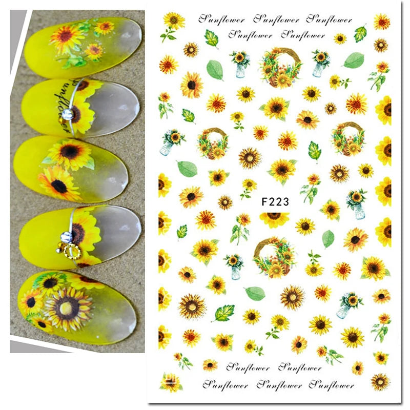 3d Nail Art Decals Geometric Lines Daisy Sunflowers Letters Adhesive Sliders Nail Stickers Decoration For Manicure