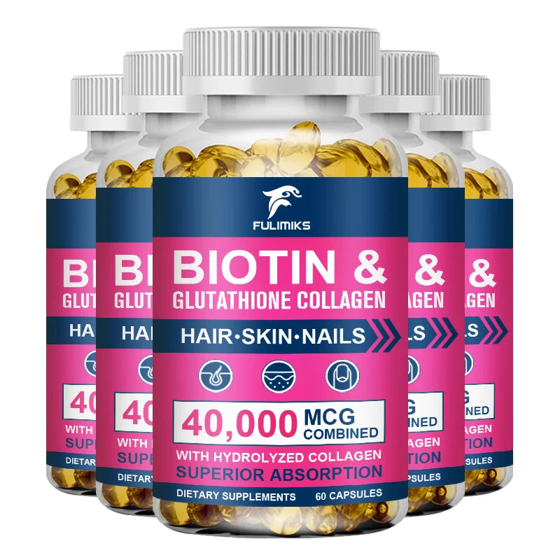 Biotin 40000mcg Combined Capsules, with Collagen & Glutathione, Promotes Hair, Skin, Nail Health & Natural Beauty Vitality