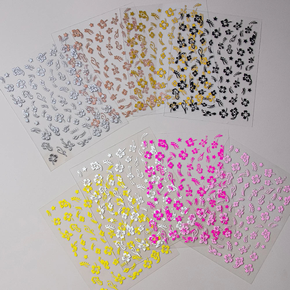 1pc 3D White Hibiscus Flower Nail Art Stickers 8 Colors Hollow Petal Flower Nail Decal Exquisite Gold/Silver/Black Floral Slider