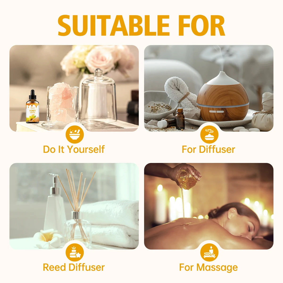 Honey Essential Oil, hypoallergenic, great for skin care, massage, face, body, nails and hair, suitable for all skin types.