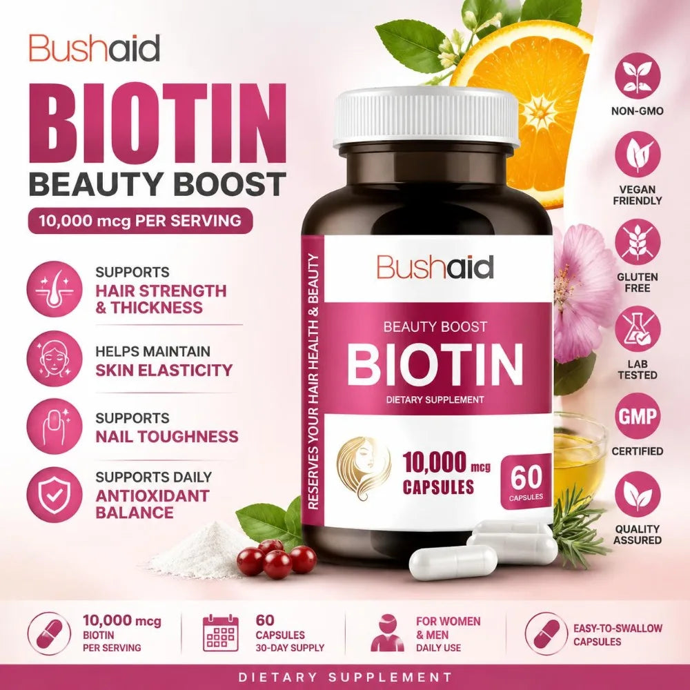 Bushaid Biotin 10000mcg Hair Growth Skin Nails Support Vitamin C E Zinc Selenium Horsetail Non-GMO Vegan Gluten Free 60 Capsules