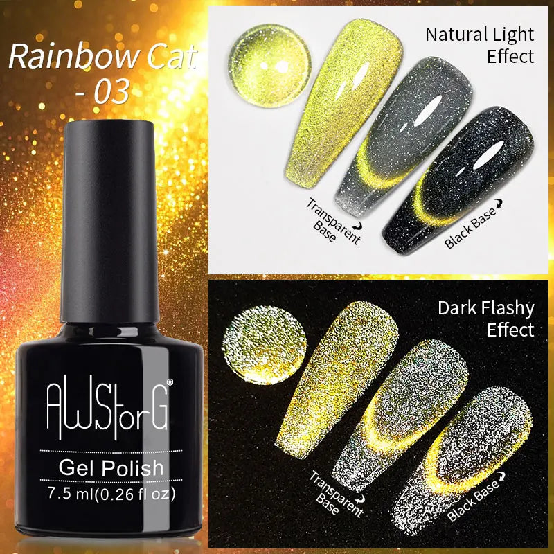 AWStorG Intense Rainbow Cat Eye Gel 5ml Holographic Laser Magnetic Nail Gel Soak Off UV LED Gel Polish Shiny Rainbow Manicur