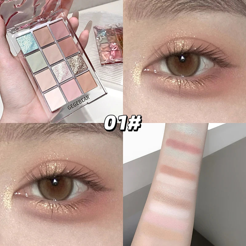 Gege Bear 12-Color Eye Shadow Palette (Shimmer, Matte, Fine Shimmer) - Delicate, Natural Eye Shadow Palette for Makeup Stages