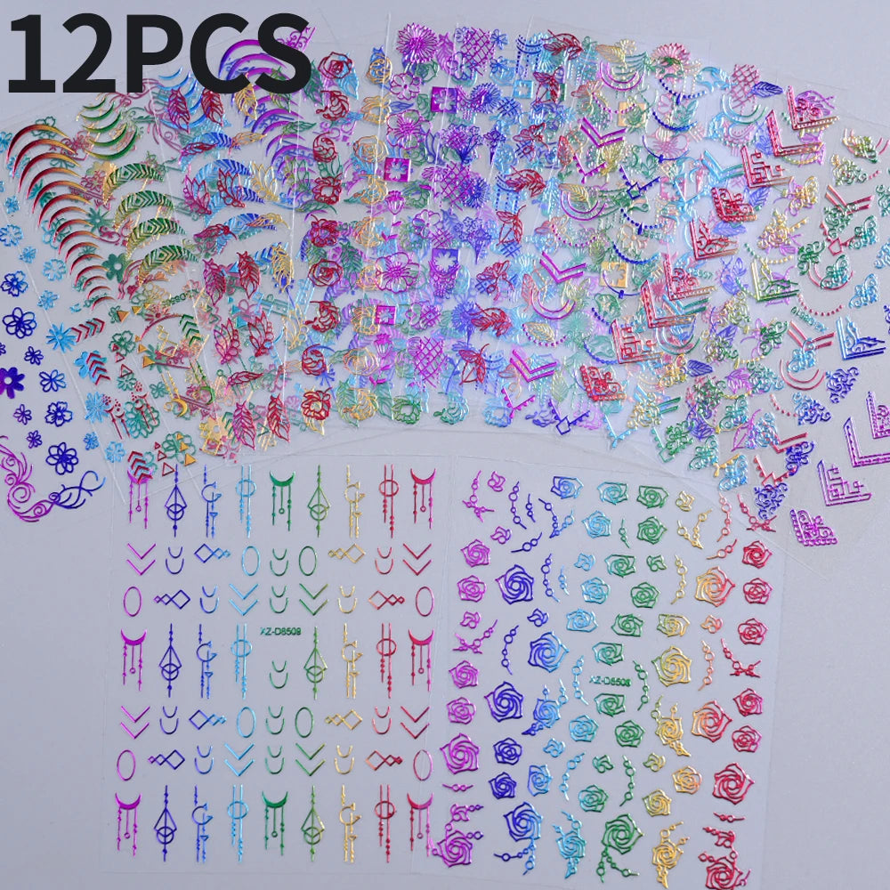 12Pcs 3D Laser Gold Silver Sun Star Moon Nail Stickers Y2K Snake/Starlight/Heart Adhesive Decals DIY Bronzing Nail Sliders