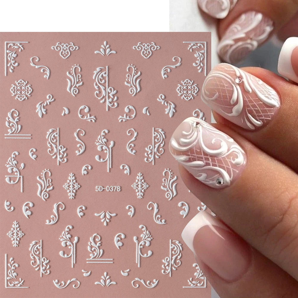 5D White Face Flowers Nail Art Stickers 8x10cm Elegant Wedding Bride White Floret Nail Decal Self-Adhesive Flowers Nail Slider