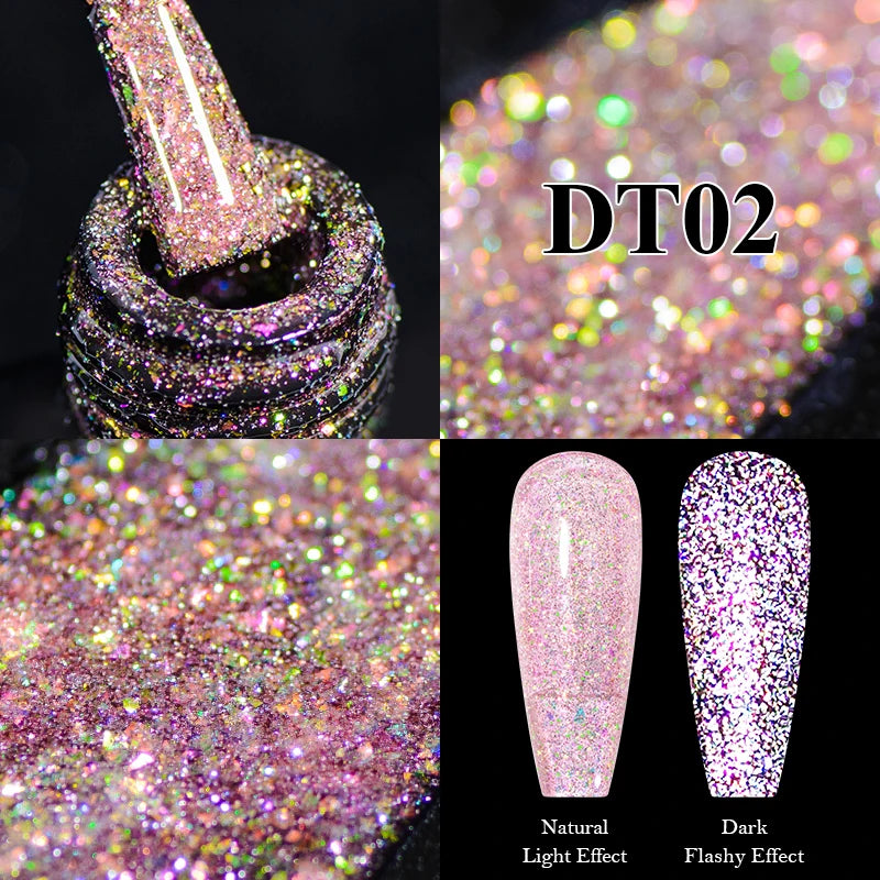 MEET ACROSS 7ml Reflective Glitter Gel Nail Polish Pink Green Purple Sparkling Soak Off UV Gel Polish for Manicure DIY Nail Art