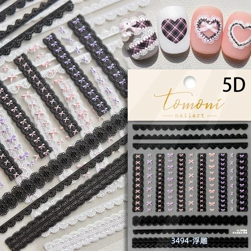 1pcs Elegant 5D Pearl Lace Wave Nail Art Stickers Exquisite White Lines Nail Decoration Decals DIY Self Adhesive Transfer Slider