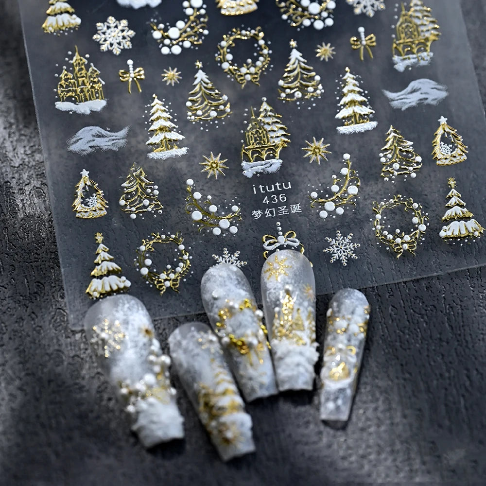 1pc 5D Gold Snow Christmas Tree Wreath Nail Art Stickers Bow Crystal Ball Pendant Winter Nail Decals New Year Xmas Nail Decorati