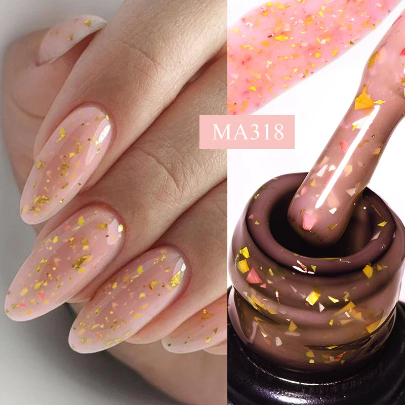 MEET ACROSS 7ml Pink Glitter Rubber Base Nail Gel Polish Sparkling Gold Foil DIY Nail Art Painting Gel Long Lasting Varnish