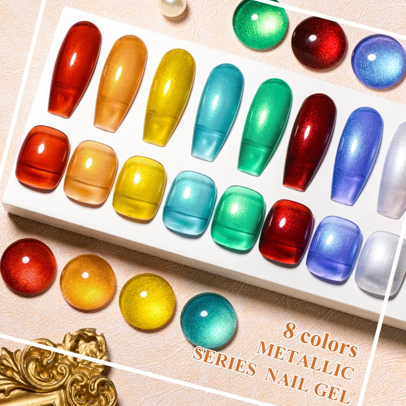 MEET ACROSS 7ml Red Blue Green Metallic Gel Nail Polish Super Bright Mirror Effect Semi Permanent LED UV Gel Nail Art Varnish