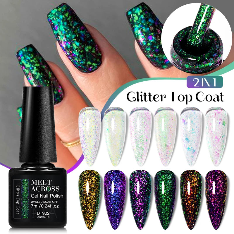MEET ACROSS 7ml Dark Color Glitter Top Coat Gel For Nails Brocade Powder 2 In 1 Chameleon Nail Art Gel Varnish Manicure