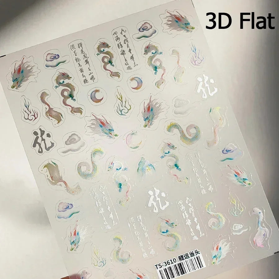5D Kawaii Ink Wash Fairy Fox Dragon Loong Nail Art Stickers Cartoon Star Animals Backglue Nail Decoration Decals Accessories
