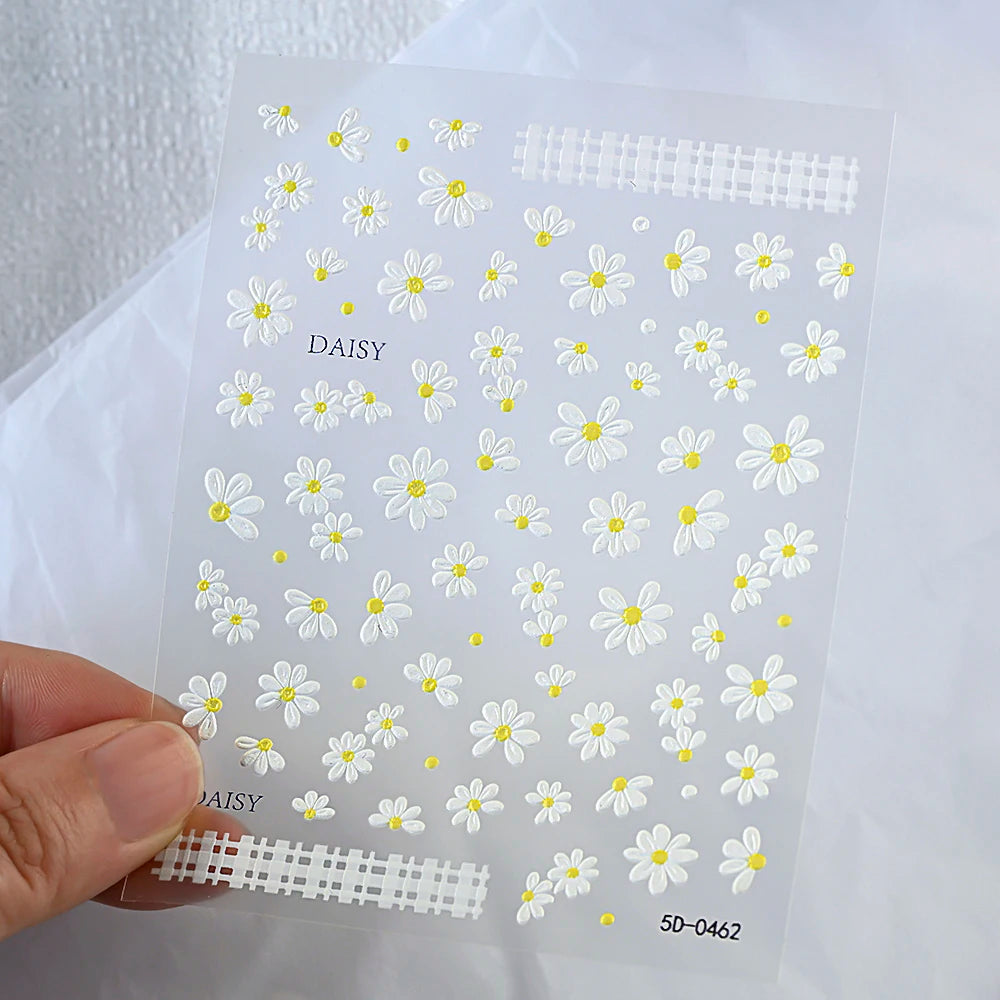 2pcs 5D White Daisy Design Nail Art Stickers Embossed Daisy Floret Green Leaf Nail Art Decals DIY Spring Summer Decor Stickers