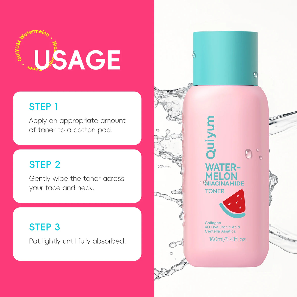 Quiyum Watermelon Niacinamide Toner 160ml Deep Hydration Reveal Radiance with 4D Hyaluronic Acid