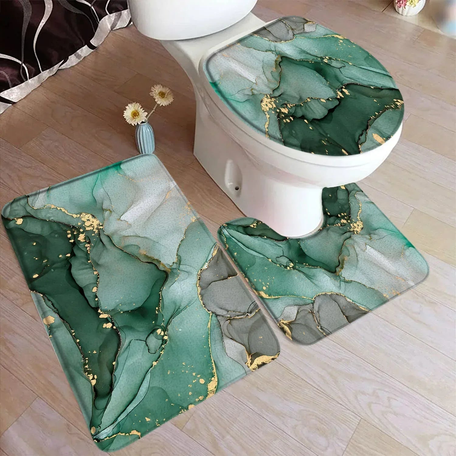 Abstract Turquoise Marble Bath Mat Set Modern Ink Art Textured Pattern Home Carpet Bathroom Decor Floor Rugs Toilet Lid Cover