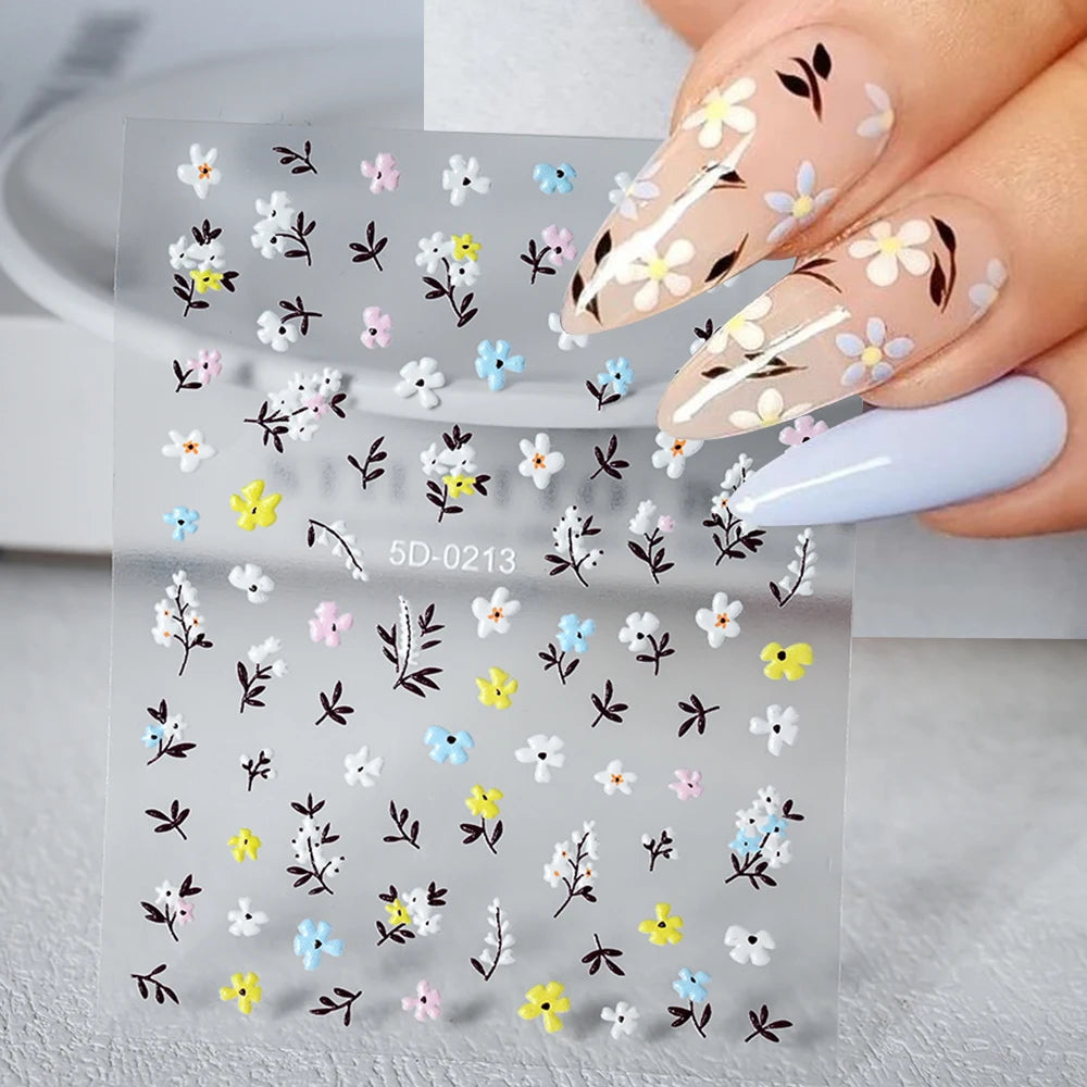 5D Pink Blue Floral Nail Art Stickers Petals Leaf Plant Embossed Nail Decals Spring Summer Flower Design for DIY Nail Supplies