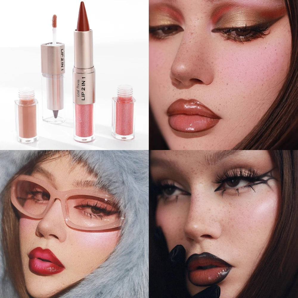 Pink Brown Tapered Lip Liner Contour Pencil Double Head Mirror Plumping Lip Glaze Crystal Lip Gloss Sexy Red Lips Tint Makeup