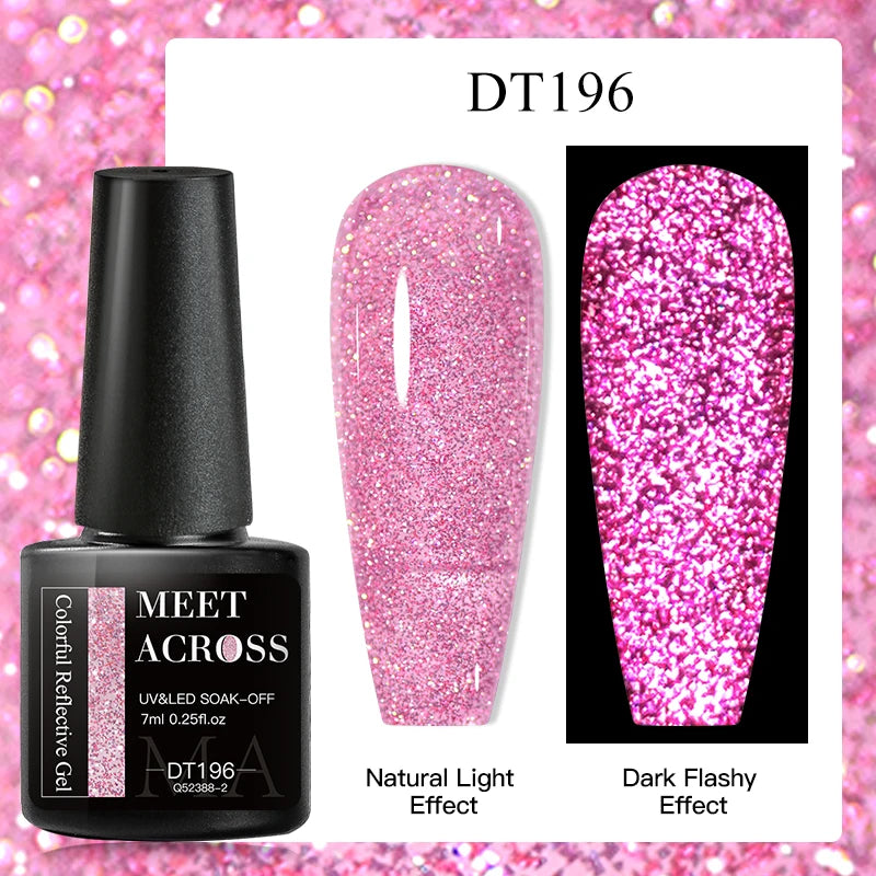 MEET ACROSS 7ml Reflective Glitter Gel Nail Polish Pink Green Purple Sparkling Soak Off UV Gel Polish for Manicure DIY Nail Art