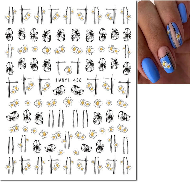 3d Nail Art Decals Geometric Lines Daisy Sunflowers Letters Adhesive Sliders Nail Stickers Decoration For Manicure