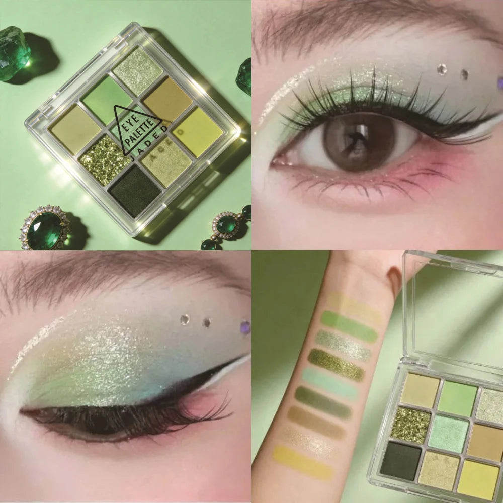 9 Color Mint Green Eyeshadow Palette Long Lasting Pearlescent Shimmer Matte Forest Look Eyeshadow Powder Eyes Makeup Cosmetics
